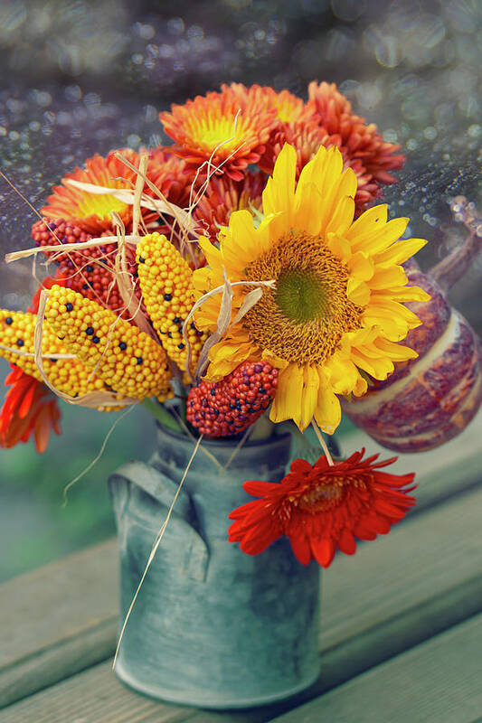 Sunflowers Art Print featuring the photograph Fall Vibes in a Vintage Milk Can by Vanessa Thomas