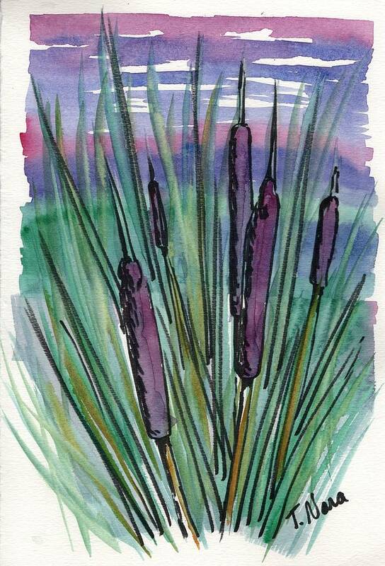 Purple Green Cattails Semi Abstract Ink Watercolor Art Print featuring the painting First Cattails by Tammy Nara