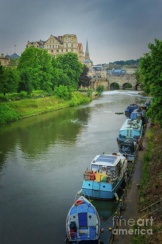 Bath Art Print featuring the photograph Floating Boat Homes along the River Avon and Pulteney Bridge, bath England by Abigail Diane Photography