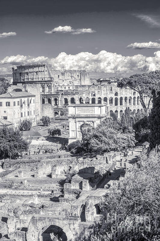 Italian Scene Art Print featuring the photograph Forum Romanum with The Colosseum in the background BW by Stefano Senise
