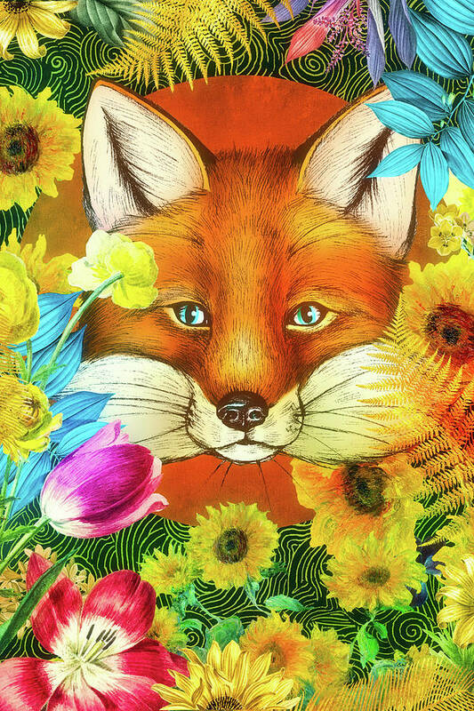 Fox Art Print featuring the digital art Fox in Floral by Claudia McKinney