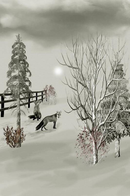 Fox Art Print featuring the mixed media Foxes near the corral Winter Morning B W by David Dehner