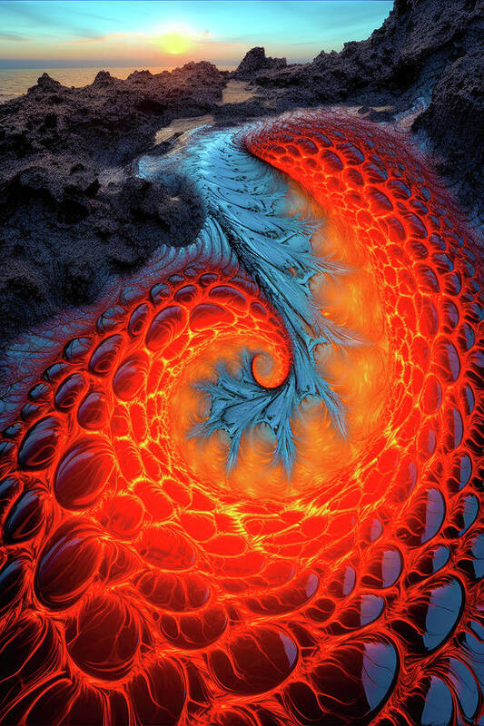 Fractal Art Print featuring the digital art Fractal Lava Spiral Fantasy Volcano Landscape 02 by Matthias Hauser