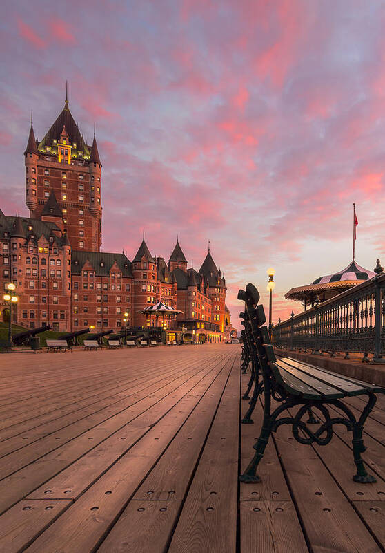 Old Quebec Art Print featuring the photograph Frontenac castle sunrise by Jean Surprenant