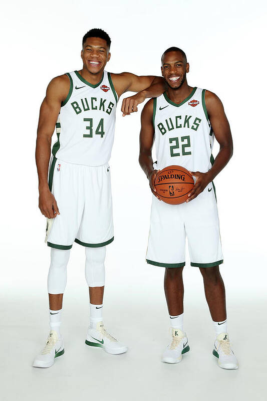 Giannis Antetokounmpo Art Print featuring the photograph Giannis Antetokounmpo and Khris Middleton by Gary Dineen