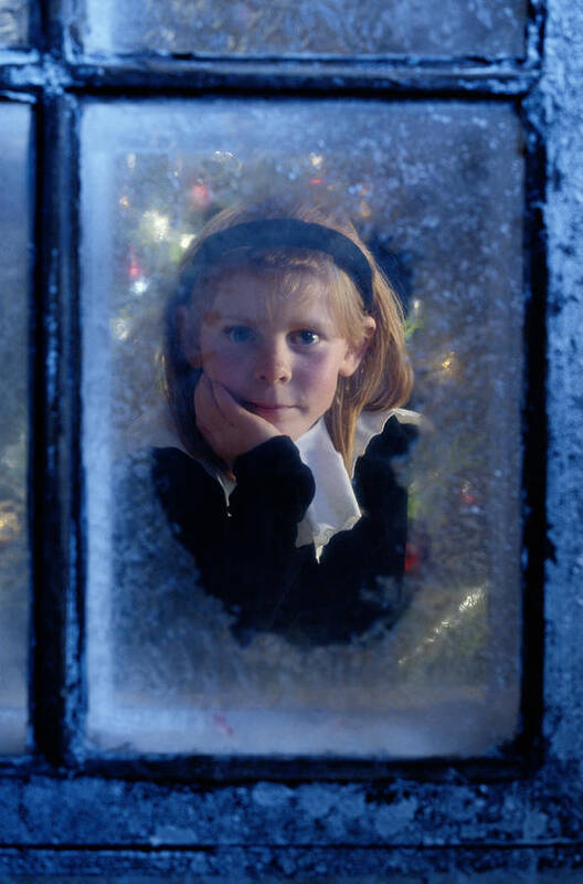 Child Art Print featuring the photograph Girl Watching For Santa From Icy Window by Per-Eric Berglund