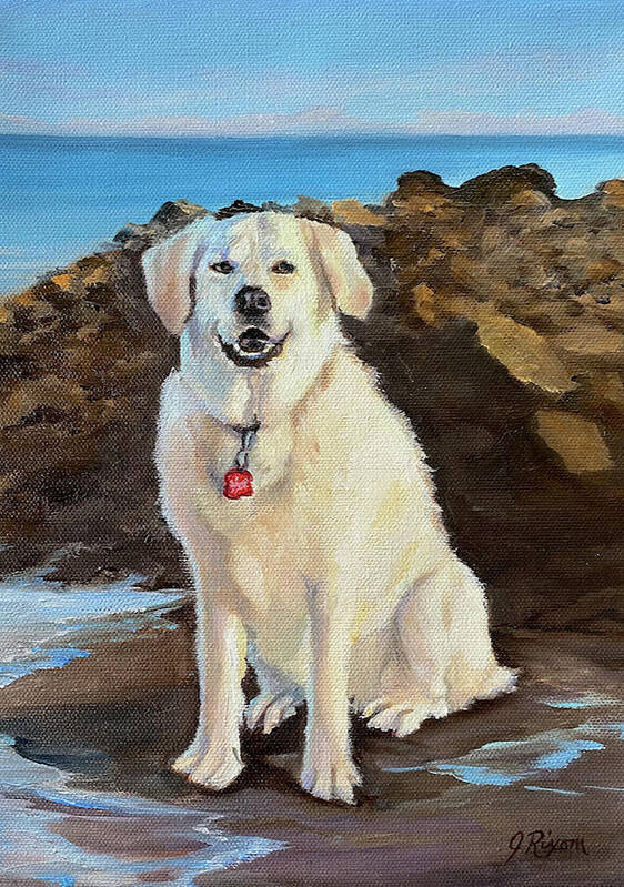 Dog Art Print featuring the painting Golden at the Beach by Judy Rixom
