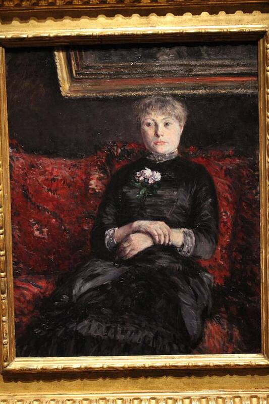  Art Print featuring the painting Gustave Caillebotte - Woman Seated on a Red-Flowered Sofa by Les Classics