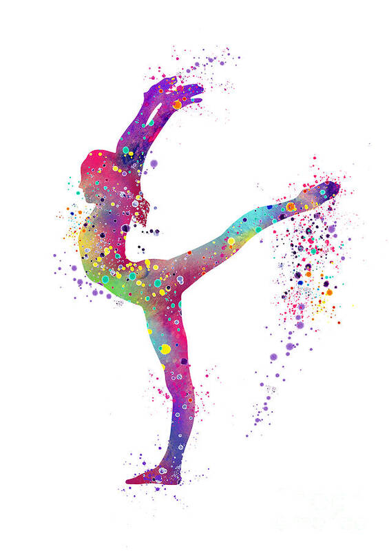 Girl Gymnastics Colorful Watercolor Silhouette Art Print by White