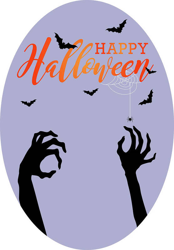 Halloween Art Print featuring the digital art Halloween Ghost Two Hands And Bats, Happy Halloween Purple Oval Background by Mounir Khalfouf