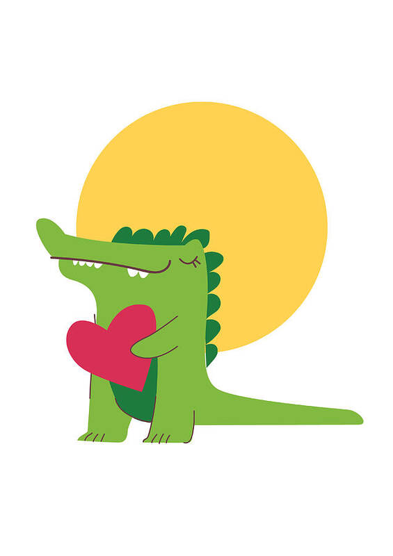 Adorable Art Print featuring the digital art Happy Crocodile Holding a Big Heart by Jacob Zelazny