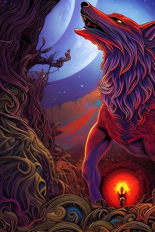 Wolf Art Print featuring the digital art Howling Wolf Rooted Under The Moon by Jason Denis