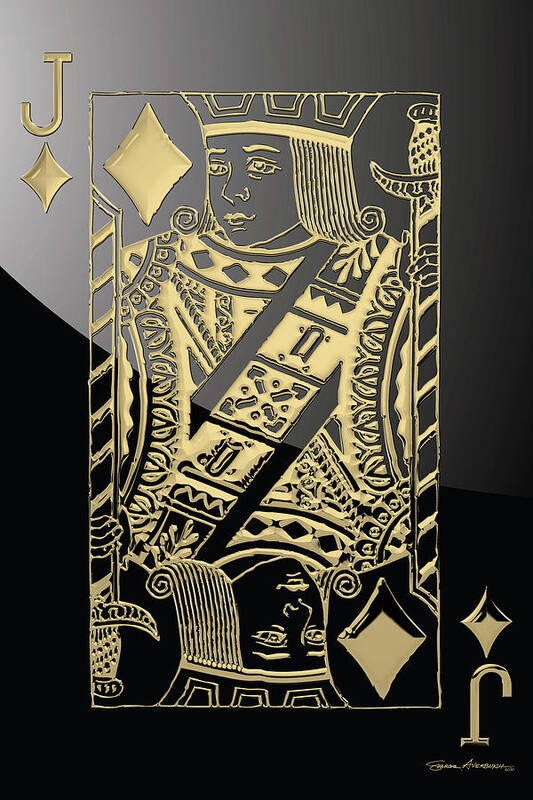 'gamble' Collection By Serge Averbukh Art Print featuring the digital art Jack of Diamonds in Gold over Black by Serge Averbukh