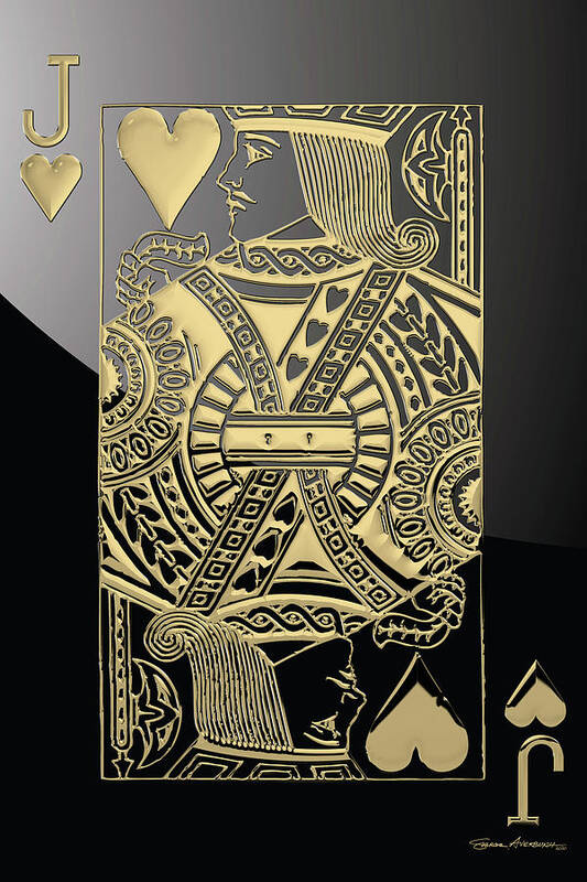 'gamble' Collection By Serge Averbukh Art Print featuring the digital art Jack of Hearts in Gold over Black by Serge Averbukh