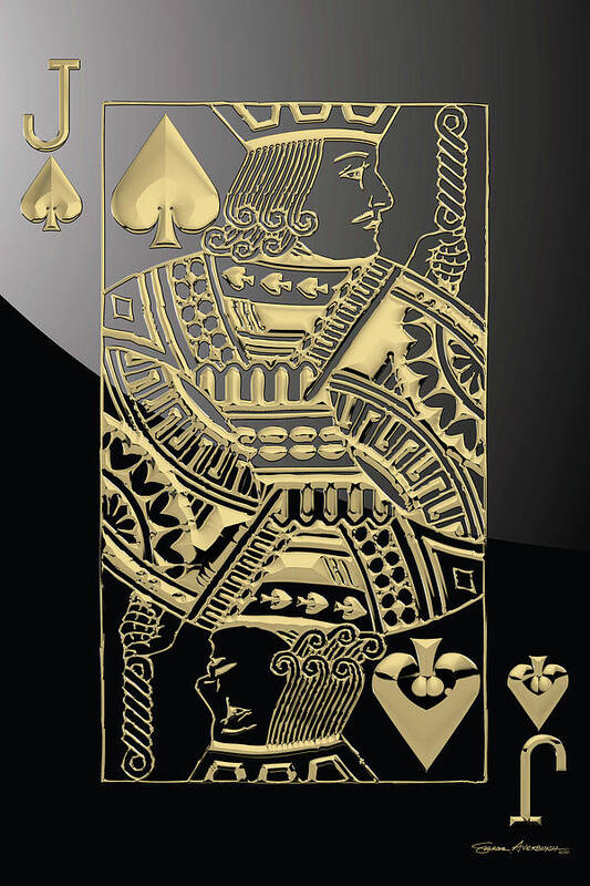 'gamble' Collection By Serge Averbukh Art Print featuring the digital art Jack of Spades in Gold over Black by Serge Averbukh