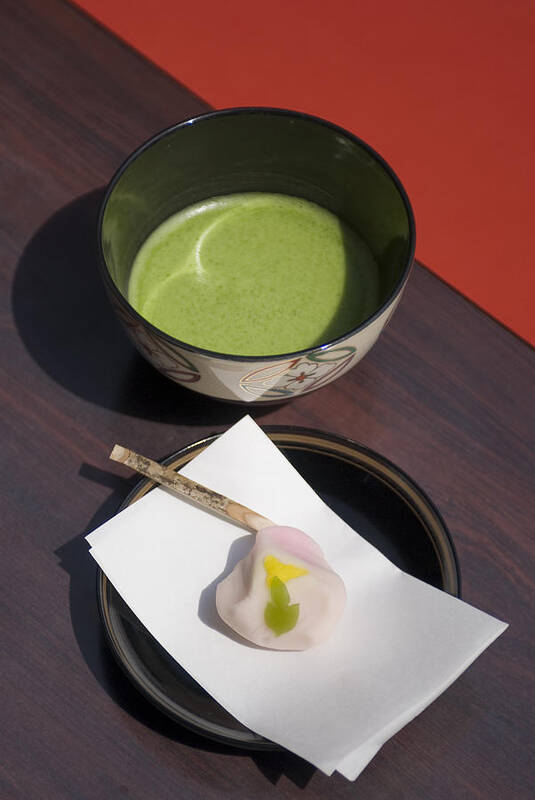 Green Tea Art Print featuring the photograph Japanese green tea macha and sweets by Kazuko Kimizuka