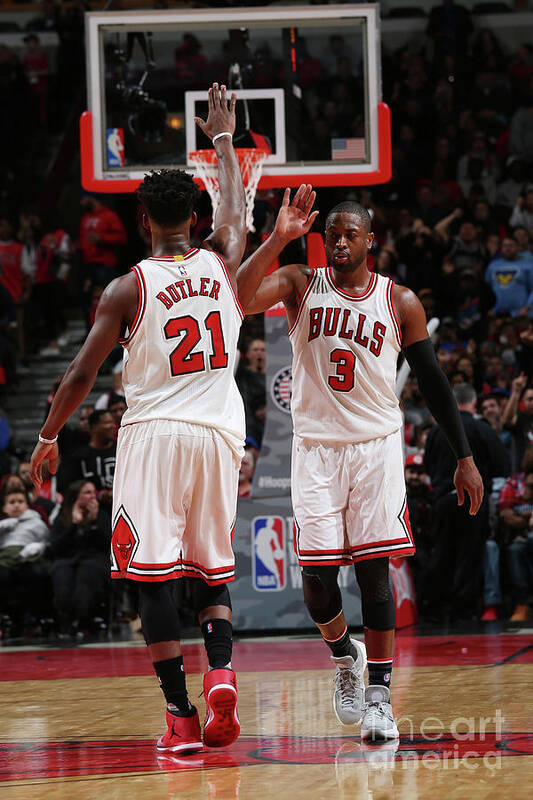 Chicago Bulls Art Print featuring the photograph Jimmy Butler and Dwyane Wade by Gary Dineen