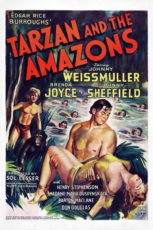 Brenda Joyce Art Print featuring the photograph JOHNNY WEISSMULLER and BRENDA JOYCE in TARZAN AND THE AMAZONS -1945-, directed by KURT NEUMANN. by Album