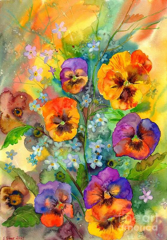Pansies Art Print featuring the painting Joyous Pansies by Suzann Sines