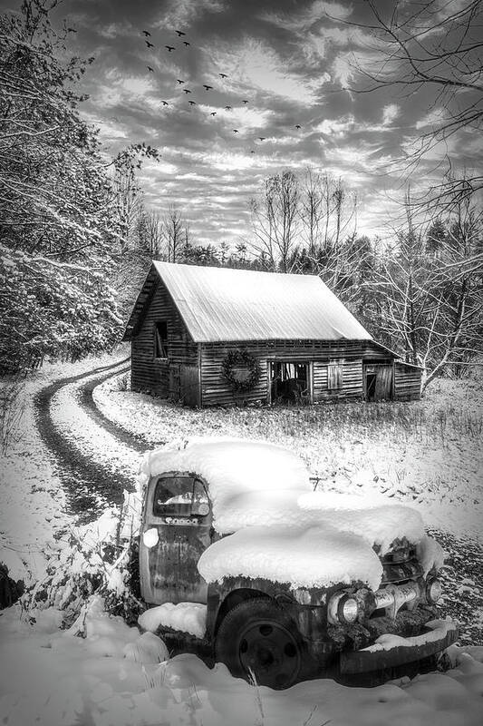 Barns Art Print featuring the photograph Just Before Christmas Snowfall in Black and White  by Debra and Dave Vanderlaan