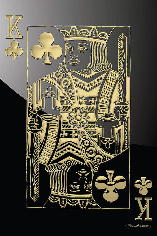 'gamble' Collection By Serge Averbukh Art Print featuring the digital art King of Clubs in Gold on Black  by Serge Averbukh
