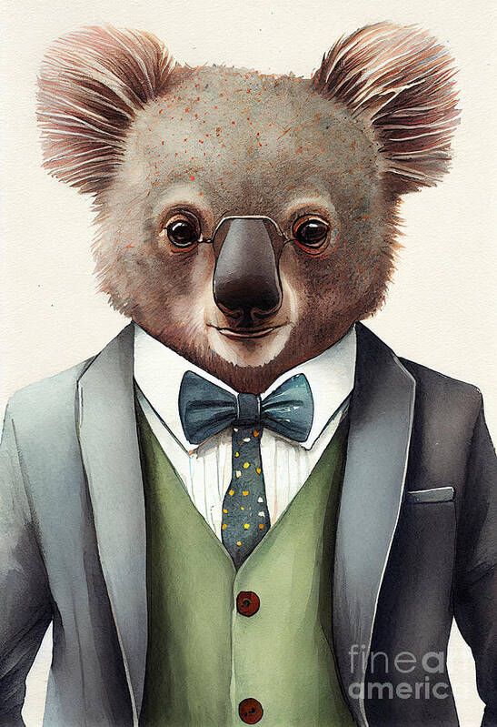 Koala Art Print featuring the painting Koala in Suit Watercolor Hipster Animal Retro Costume by Jeff Creation