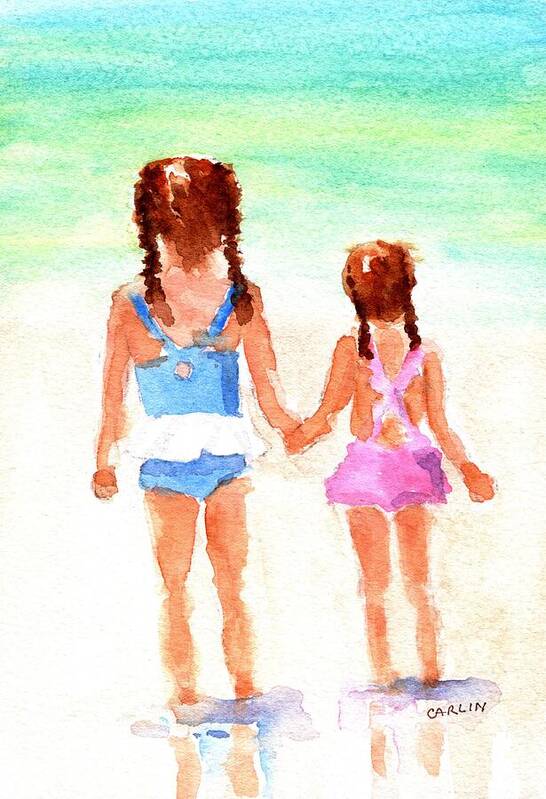 Sisters Art Print featuring the painting Little Girls at the Beach by Carlin Blahnik CarlinArtWatercolor
