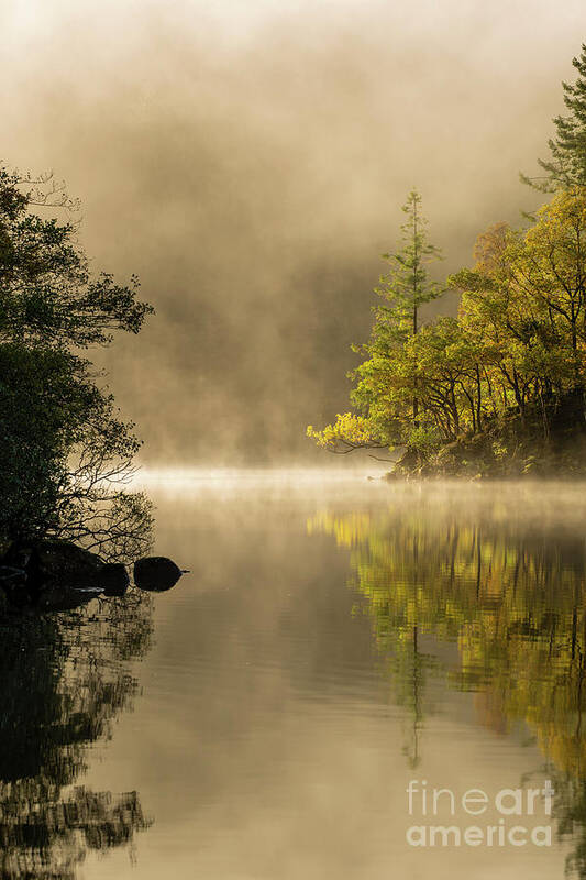 Loch Ard Art Print featuring the photograph Loch Ard in Autumn Misty Sunrise by Maria Gaellman