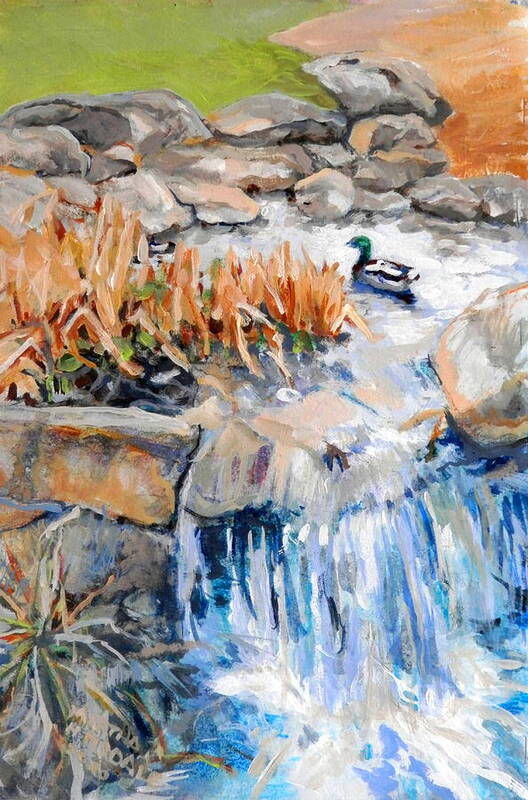 Duck Waterfall Rocks  Grasses Art Print featuring the painting Lone Duck by Martha Tisdale