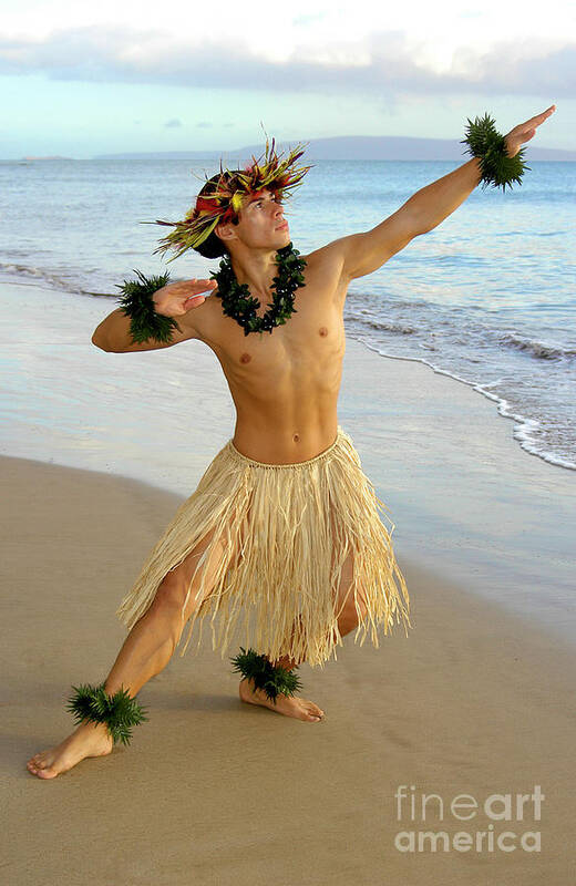 Beach Art Print featuring the photograph Male Hula Dancer performing on the sand by Gunther Allen