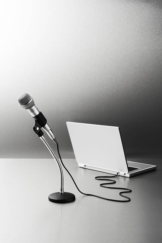 Internet Art Print featuring the photograph Microphone connected to a laptop computer by Creative Crop