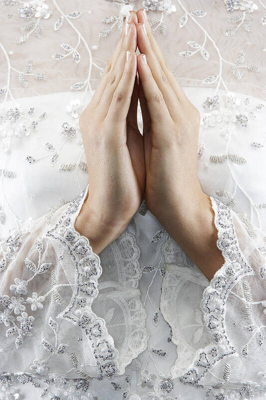 Tranquility Art Print featuring the photograph Mixed race bride's hands in prayer position by Janet Kimber