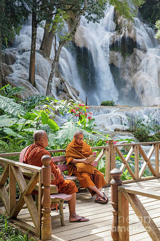 Kuang Si Art Print featuring the photograph Monks at the Kuang Si Falls, Laos by Arterra Picture Library