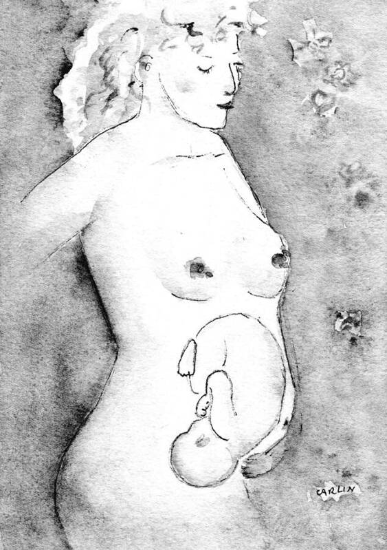 Pregnancy Art Print featuring the painting Mother and Fetus Black and White by Carlin Blahnik CarlinArtWatercolor