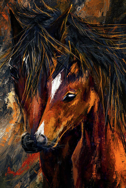 Mare And Foal Art Print featuring the painting Motherly Love - Horse And Foal Art by Lourry Legarde
