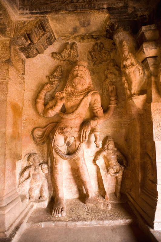 Hinduism Art Print featuring the photograph Narasimha avatar at Badami cave, Bagalkot, Karnataka, India by Dinodia Photo