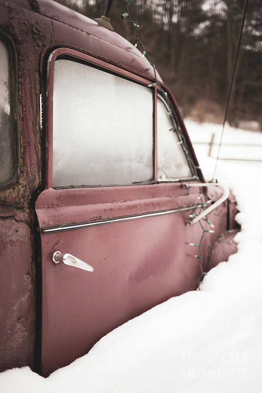 Car Art Print featuring the photograph Old Vintage Red Car in a Snow Bank by Edward Fielding