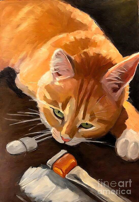Pet Art Print featuring the painting Painting Cat Bass Player pet cat animal cute illu by N Akkash