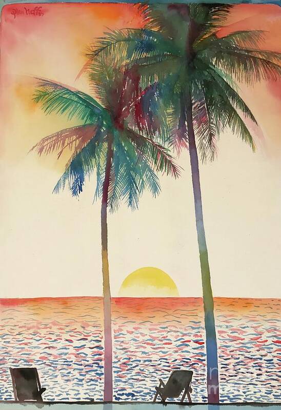 #palmtrees #palm #trees #ocean #sunset #mexico #beach #glenneff #thesoundpoetsmusic #picturerockstudio #watercolor #watercolorpainting #beachchairs #tranquil Art Print featuring the painting Palm Trees Beach Sunset by Glen Neff