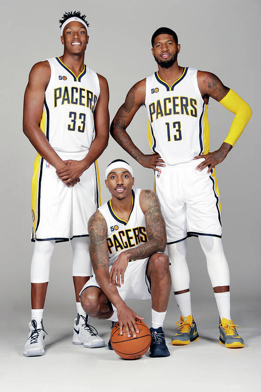 Media Day Art Print featuring the photograph Paul George, Myles Turner, and Jeff Teague by Ron Hoskins