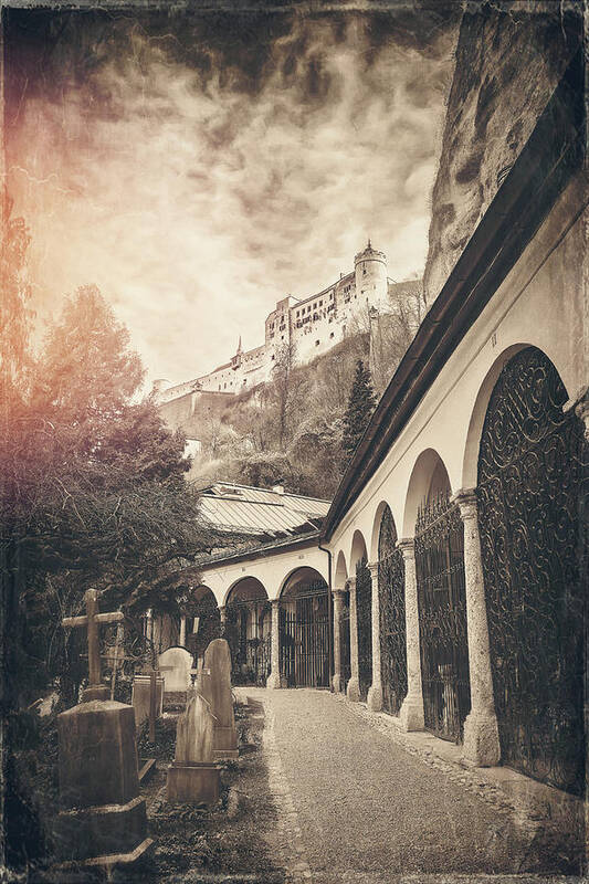 Salzburg Art Print featuring the photograph Petersfriedhof and Salzburg Castle Vintage Sepia by Carol Japp