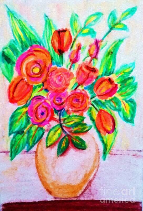 Pink Art Print featuring the digital art Pink and Orange Floral Bouquet Pastel Chalk Digitally Altered by Delynn Addams