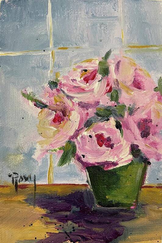 Pink Roses Art Print featuring the painting Pink Roses by the Window by Roxy Rich