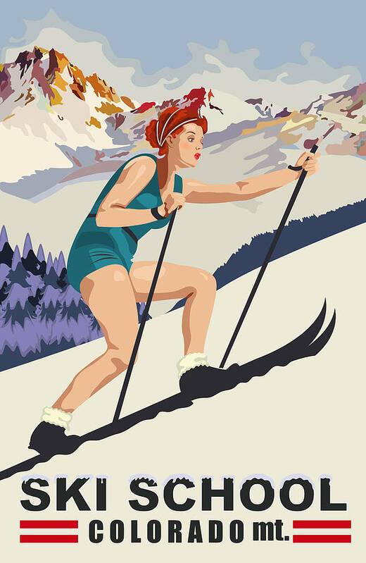 Pinup Art Print featuring the digital art Pinup Girl on Ski School at Colorado Mountains by Long Shot