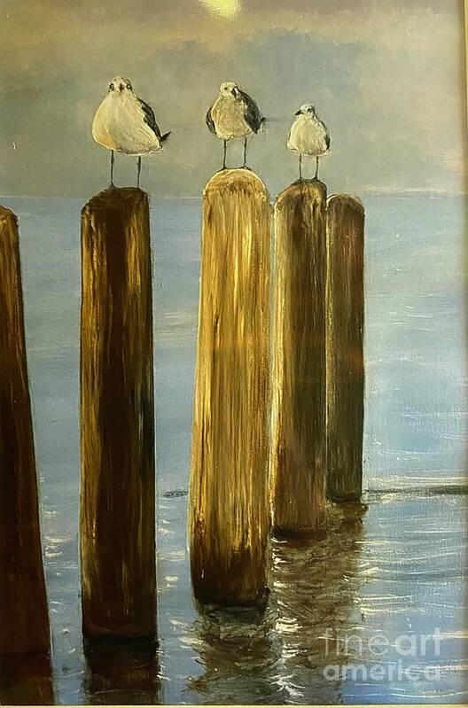 Birds Water Sky Peaceful Art Print featuring the painting Pole Dancers by Kathy Bee for Dotty Brooks