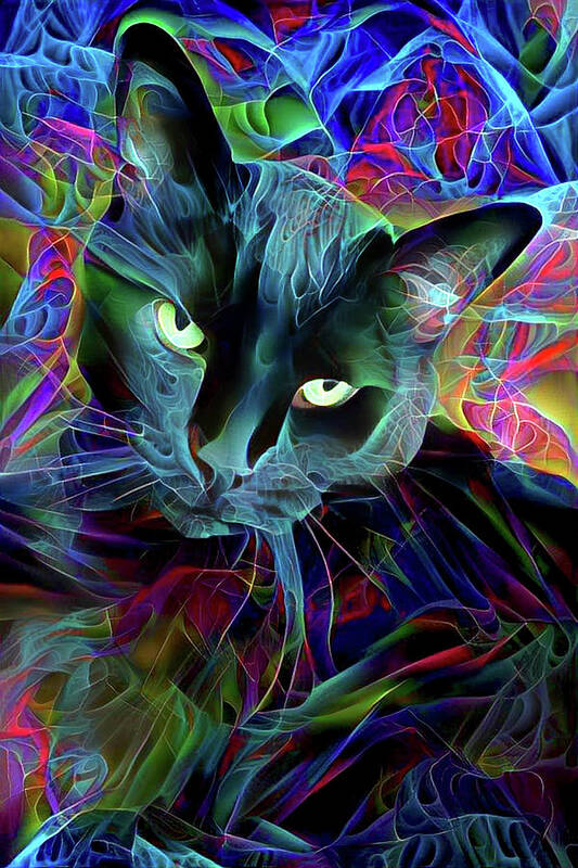 Cat Art Print featuring the digital art Psychedelic Black Cat Fractal by Peggy Collins