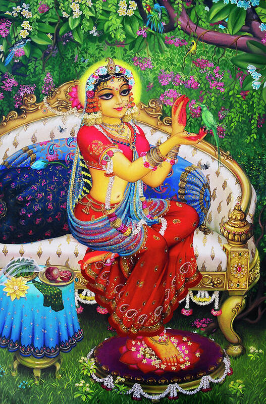Krishna Art Print featuring the painting Radha with parrot by Vrindavan Das