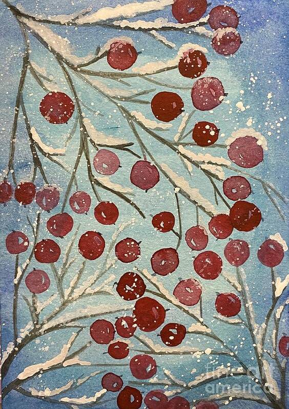Red Berries Art Print featuring the painting Red Berries in Snow by Lisa Neuman