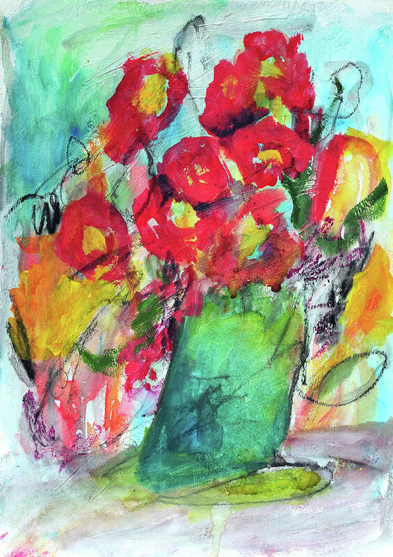 Cosmos; Loose Floral; Floral Abstract; Fall Bouquet; Autumn Bouquet; Red And Yellow Bouquet; Flower Painting; Green And Aqua Vase; Playful Bouquet; Welcome; New Home; From The Garden; Love; Friendship;unique Floral; Art Print featuring the painting Red Cosmos In Autumn Sun by Haleh Mahbod