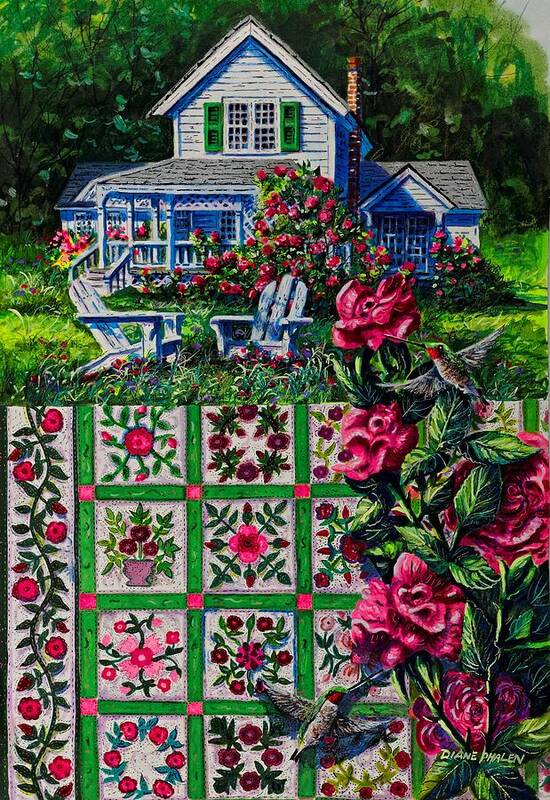 A Patchwork Quilt Of Traditional Rose Patterns In A Rose Garden With Hummingbirds Art Print featuring the painting Rose Garden by Diane Phalen